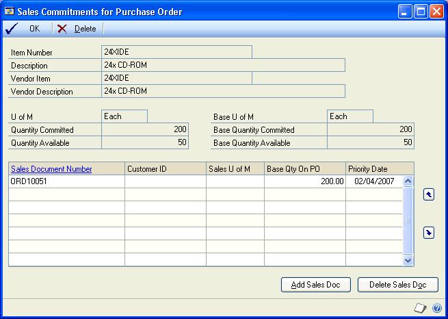 CHAPTER 22 LINKS TO EXISTING PURCHASE ORDERS 3. Choose the link purchase order button next to the Quantity Ordered prompt to open the PO Commitment for Sales Document window. 4.
