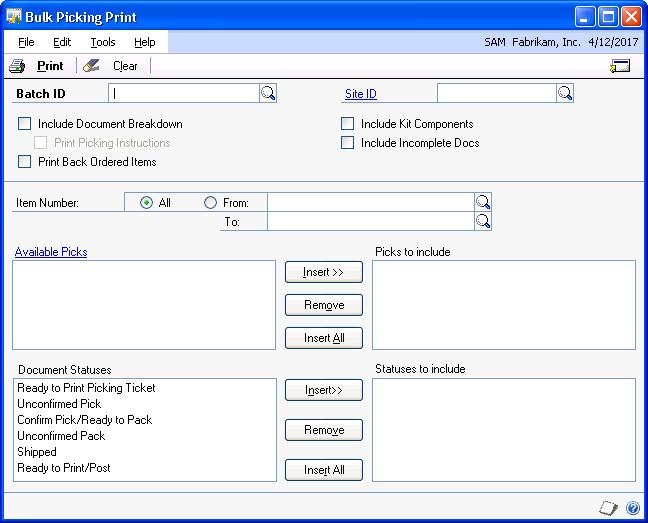 PART 4 TRANSACTION ACTIVITY Printing bulk picking tickets If you re using advanced picking, use the Bulk Picking Print window to print bulk picking tickets.