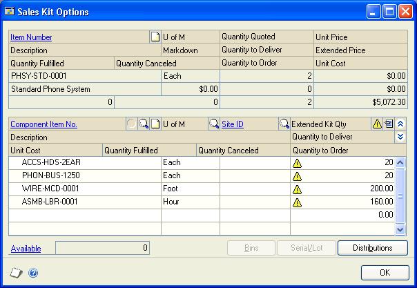CHAPTER 25 SALES DOCUMENT MAINTENANCE 2. Select the kit item, choose the item expansion button to open the Sales Item Detail Entry window, and choose Kits to open the Sales Kit Options window. 3.
