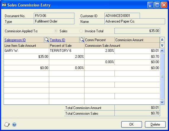 CHAPTER 25 SALES DOCUMENT MAINTENANCE To remove a commission distribution, select the line and choose Edit >> Delete Row.
