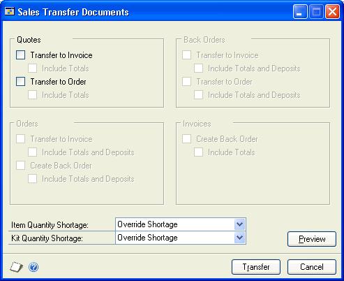 CHAPTER 27 TRANSFERRING DOCUMENTS 2. Select a batch to transfer and choose Transfer. The Sales Transfer Documents window will open. 3. Select transfer options.