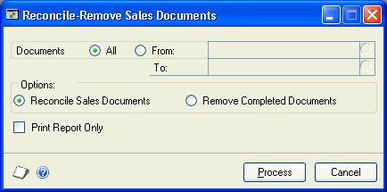 Chapter 30: Reconciling and removing sales documents Use the Reconcile-Remove Sales Documents window to reconcile your sales records and remove any documents that have no remaining quantities but