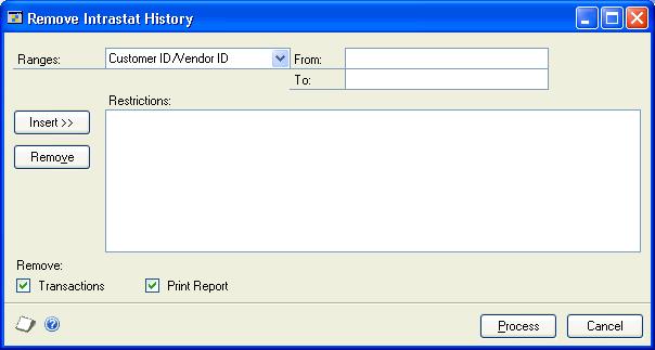 PART 6 UTILITIES To remove Intrastat history: 1. Open the Remove Intrastat History window. (Administration >> Utilities >> Company >> Remove Intrastat History) 2.