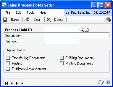 PART 1 SETUP Setting up process holds You can use the Sales Process Holds Setup window to create process holds to assign to your sales documents.