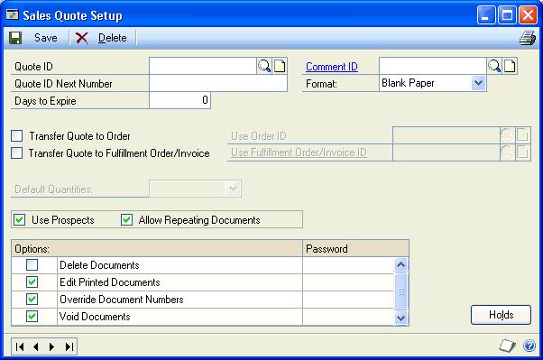 PART 1 SETUP To set up quotes: 1. Open the Sales Quote Setup window. (Sales >> Setup >> Sales Order Processing >> Sales Document Setup button >> select the Quote option) 2.