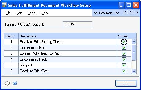 PART 1 SETUP Status Action to advance to the next tracked status 3 Print a packing slip for the fulfillment order in the Sales Transaction Entry window, the Sales Order Fulfillment window, the Print