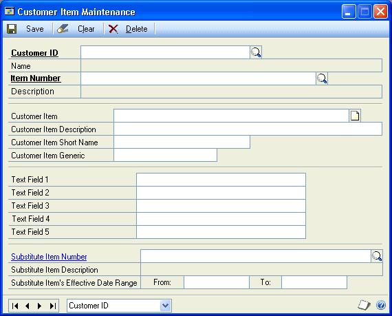 Chapter 6: Customer item and substitute item maintenance You can set up customer item numbers and substitute item numbers and delete them when they ve expired.