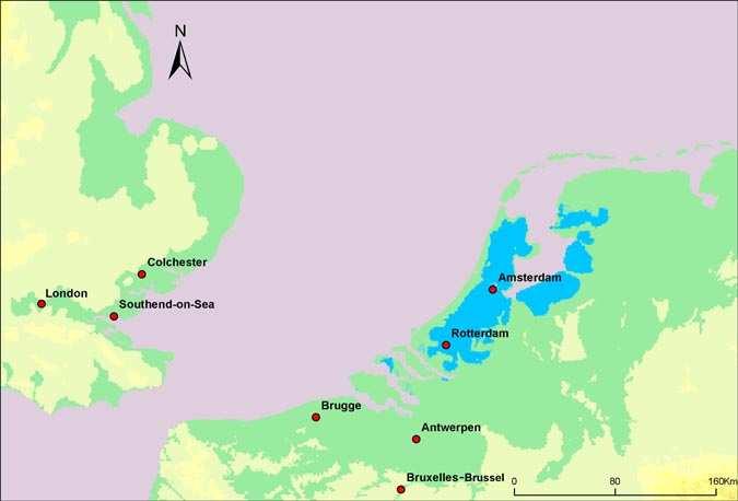 In blue: areas flooded by sea level