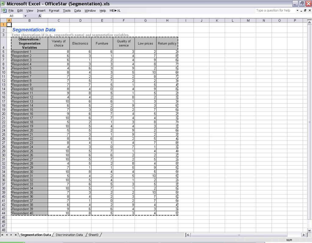 A typical segmentation spreadsheet contains one or two spreadsheets that contain segmentation
