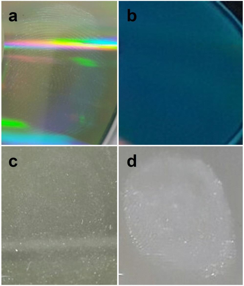 Fig. S6 Digital photographs without CGZO:5Eu 3+ nanorod bundles stained latent fingerprints deposited CD surface (a) bare fingerprint and (b) under 254 nm UV excitation, and SLS glass substrate (c)