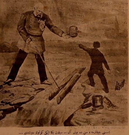 Ebru Davulcu, Mustafa Temel 66 in Dalkavuk magazine. In the cartoon, Franz Joseph is pushing Ferdinand and saying "C