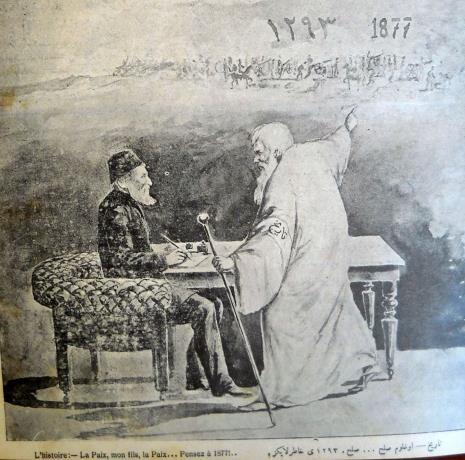 In Cemil Cem's cartoon called "Doomsday thuggery" published in Kalem, Franz Joseph, getting his hooks into Kamil Pasha, says "Either you take my goods, or I will show you!". In a cartoon published in Davul magazine, Franz Joseph and Ferdinand are depicted taking Kamil Pasha's arms trying to convince for a conference.