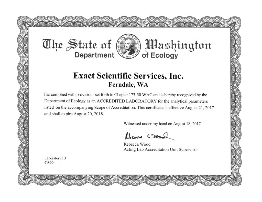 Ferndale, WA has complied with provisions set forth in Chapter 173-50 WAC and is hereby recognized by the Department of Ecology as an ACCREDITED LABORATORY for the analytical parameters listed on the