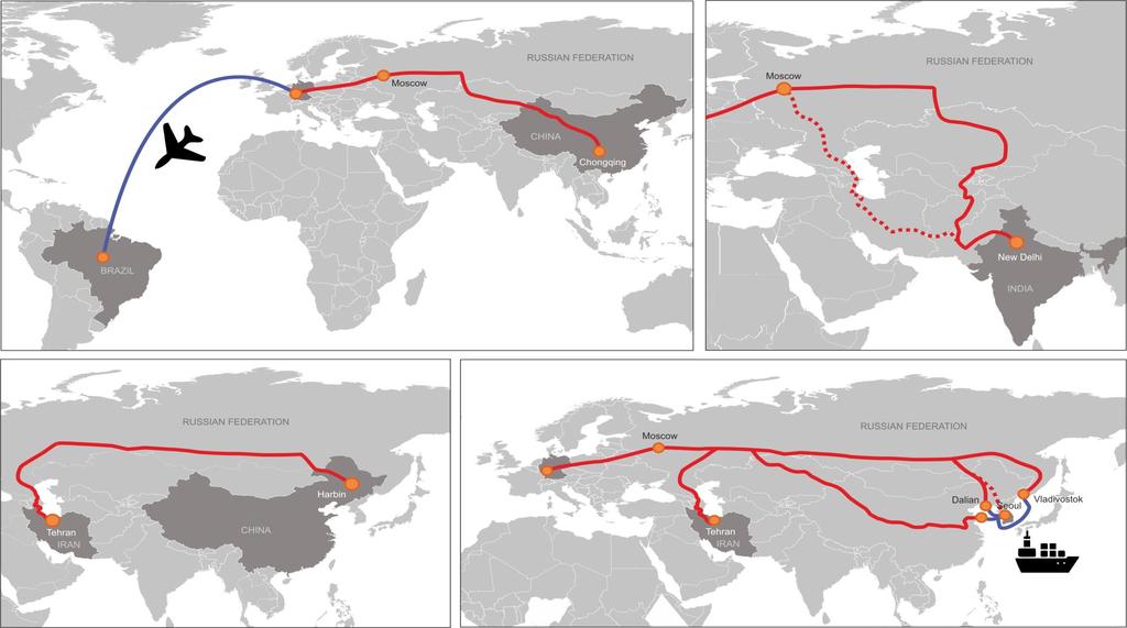Other global trade routes which can include HSR «Eurasia» can enhance growth of European trade Routes CHINA BRAZIL INDIA