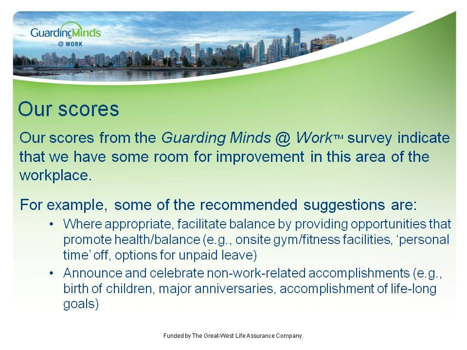 Balance Slide # 4 If your workplace or a sector in the workplace completed the Guarding Minds @ Work (GM@W) Survey, you may wish to review the scores now.