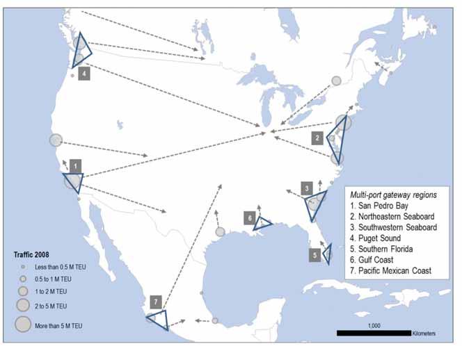 Figure 5. The North-American container port system and its main regionalization clusters.