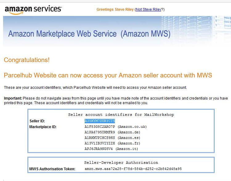 The congratulation page contains the Seller ID and MWS Authorisation Token required by Parcelhub.