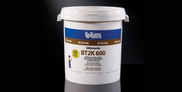 BTM BT2K 600 Bitumento BT2K 600 is a solvent-free, two-component, elastic, water-based, fiber reinforced, rubber and cement based bitumen waterproofing material.