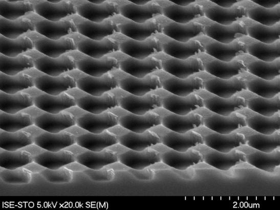 Figure 6: SEM picture of a crossed grating realized via nano-imprint lithography. The grating period is 1 µm and the grating depth approximately 200 nm [15]. 4.
