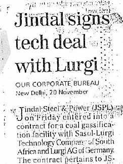 New Lurgi FBDB references: ANGUL 1 Client: Jindal Steel & Power Limited, New Delhi, India Location of
