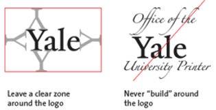 The Yale logo may only be shown in black, white, Yale Blue, or Yale Gray. The preferred background colors for a white drop-out Yale logo are black, Yale Blue, and Yale Gray.