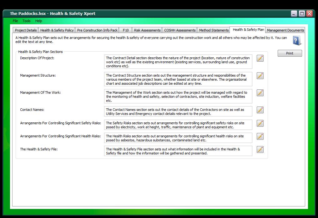 18 Health & Safety Plan HEALTH & SAFETY PLAN TAB In the Health & Safety Plan screen, it is essential that you review and edit the text of the Health & Safety