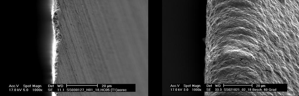 B) Plasma sharpening In contrast to thin hard-coatings we used thick, diamond film (12-18 µm). In consequence the cutting ability is fully lost. Fig.