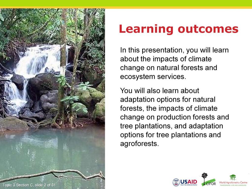 Narration: This presentation is an overview of the impacts of climate change on forest ecosystems. You will learn about the impacts of climate change on natural forests and tree plantations.