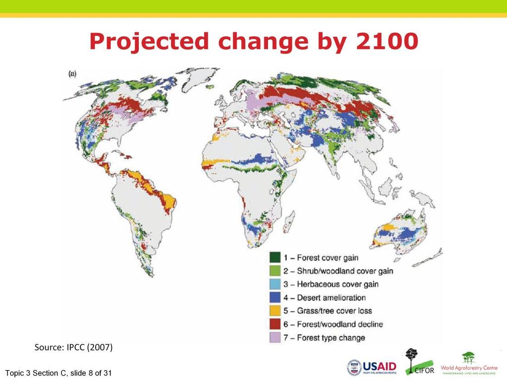 Narration: This figure shows the projected changes in terrestrial ecosystems by 2100 relative to 2000 as simulated by global vegetation models.