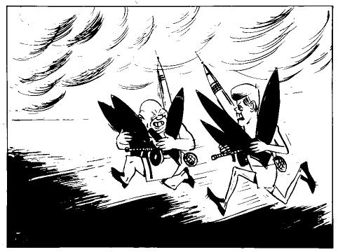 This 1961 cartoon shows Russia and America in an 'arms race'.