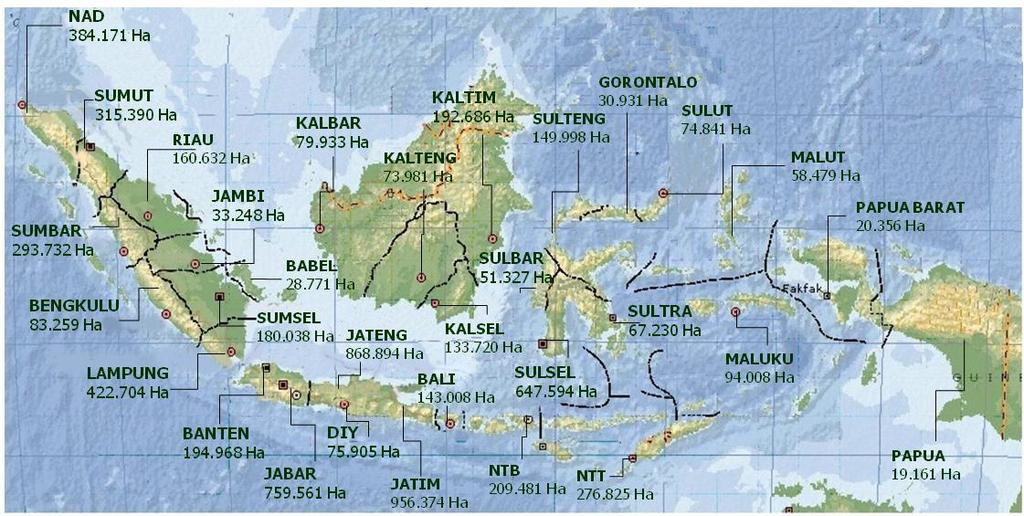 DISTRIBUTION OF IRRIGATED PADDY FIELD AREA IN INDONESIA TOTAL AREAL :