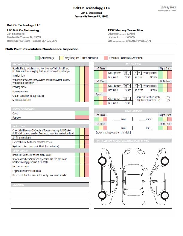 Static Multi Point Inspection This is a vehicle report card that gives a report from front to back;