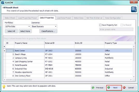 3. The Select Prperties tab allws yu t select the prtfli, scenari and prperties t extract data frm.