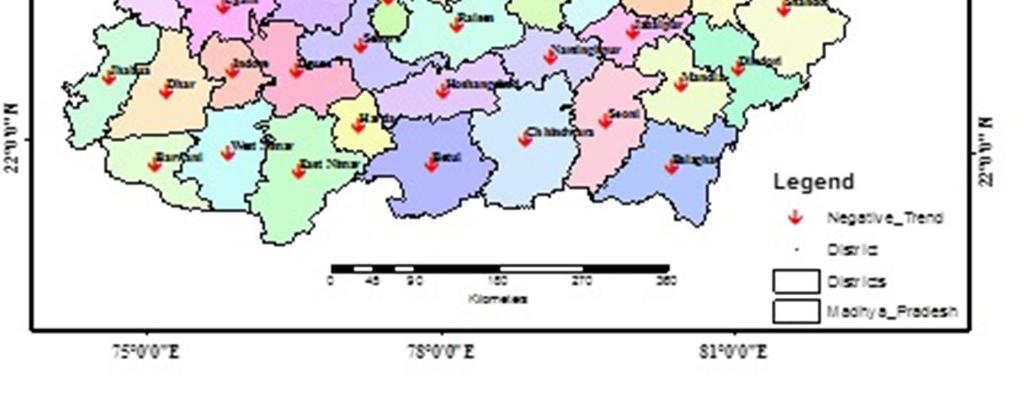 Figure 5: Trend of winter rainfall in Madhya Pradesh during 1979-02 Figure 6: Location map of Narmada basin The average number of days with heavy rainfall during the historical