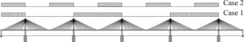 Figure 1. General elevation of the studied bridge. The deck is suspended to the tower by 2 stay-planes with 11 cables per half-plane. The sizes of the cables vary from 60 to 170 cm2.