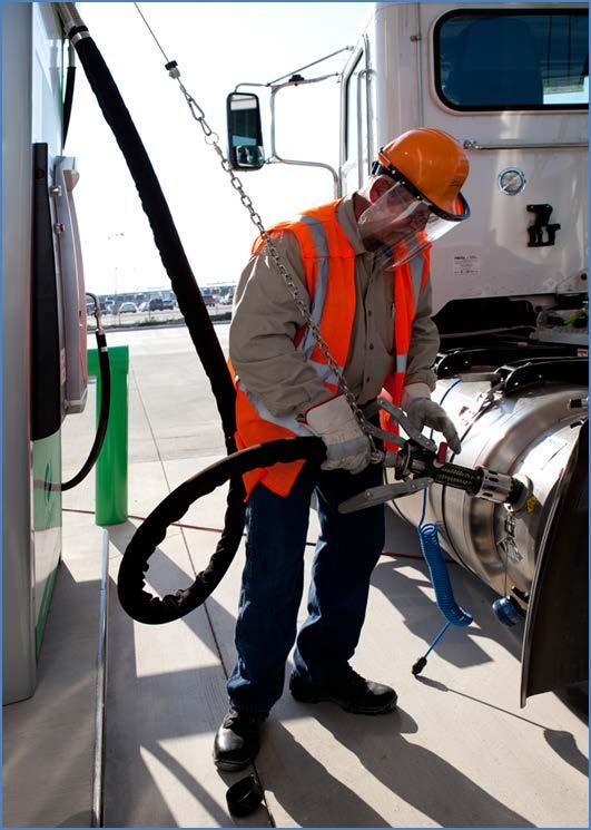 SAFE CNG & LNG STATIONS Personal protective equipment is required for LNG refueling: - gloves, face shield, long sleeves, safety boots CNG refueling does not require any special protective equipment