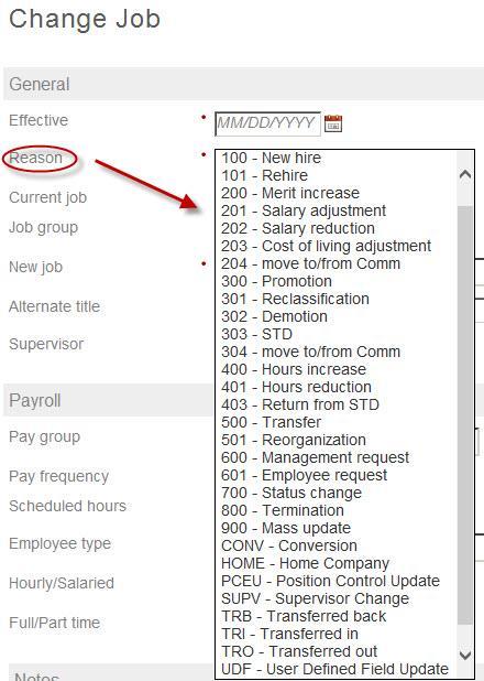The Change Job screen Enter an effective date and choose a reason for the change.