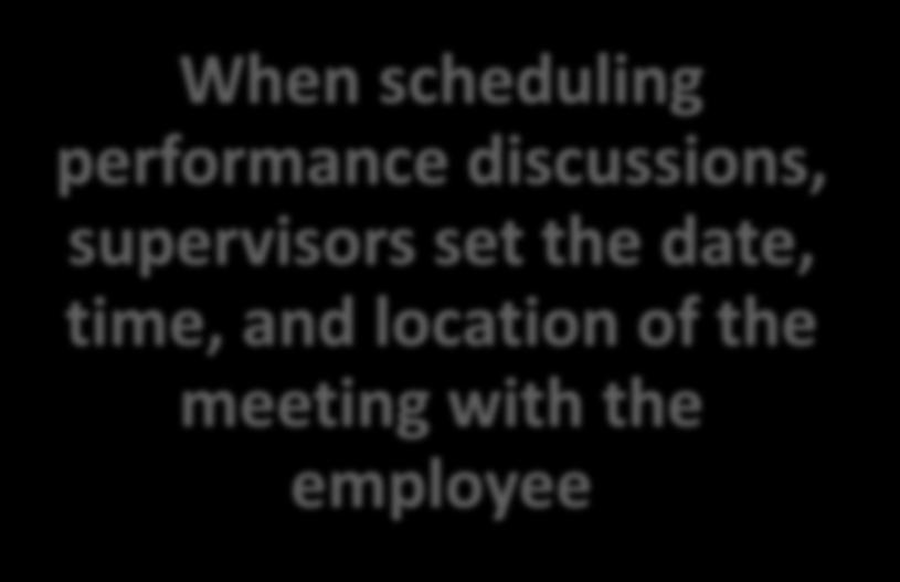 Schedule the Meeting When scheduling performance discussions, supervisors set the date, time, and location of the meeting with the employee Note: