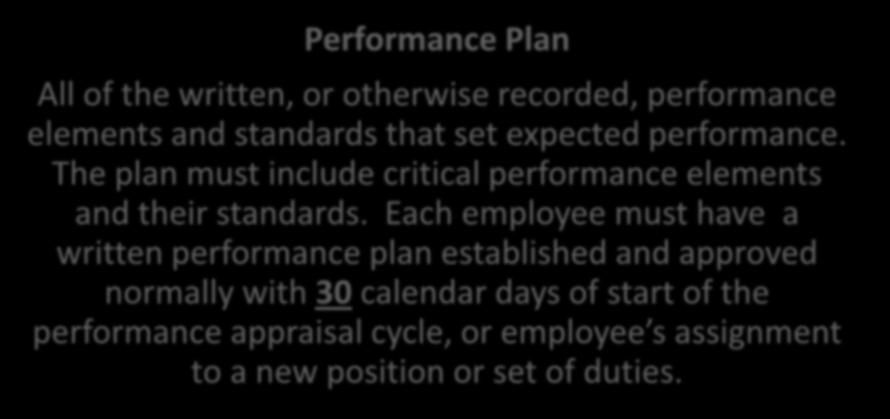 Performance Plans Performance Plan All of the written, or otherwise recorded, performance elements and standards that set expected performance.
