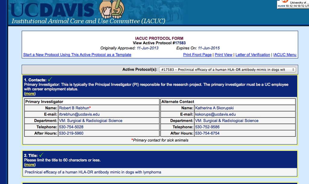 On the IACUC Protocol Form screen, click on the Start a New Protocol Using This Active Protocol as a Template link in the top left-hand corner.