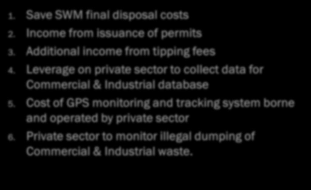 BENEFITS TO LOCAL AUTHORITIES 1. Save SWM final disposal costs 2. Income from issuance of permits 3. Additional income from tipping fees 4.