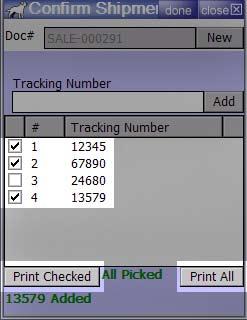 Device Interface Shipping --------------------------------------------------------------------------------- - The entered and saved tracking numbers will appear in the box below the Doc# - When
