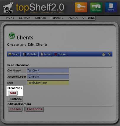 PARTS - can be used in custom integrations - Click the ADD button under Client Parts - An Add Client Part dialog box appears - Select a part from the drop down menu, then click ADD to