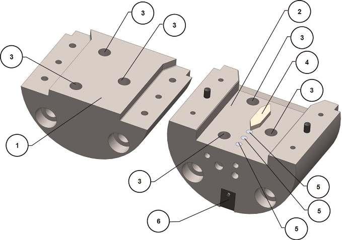 Fig. 3. View of the parallel zone of the prototype extrusion die: top and bottom modules; global view with the two halves mounted.