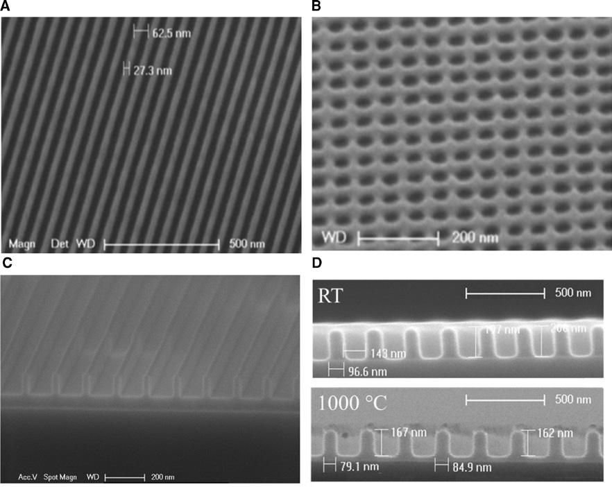 250 M.A. Verschuuren et al.: Large area nanoimprint by SCIL Figure 7: SEM images taken under an angle of 35 of a sol-gel layer patterned by X-PDMS stamps. (A) 60-nm pitch grating lines.