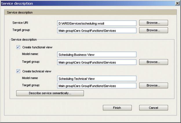 Step 2: Composing functional & data glossaries Descriptions of services can be provided in ARIS by importing WSDL files.