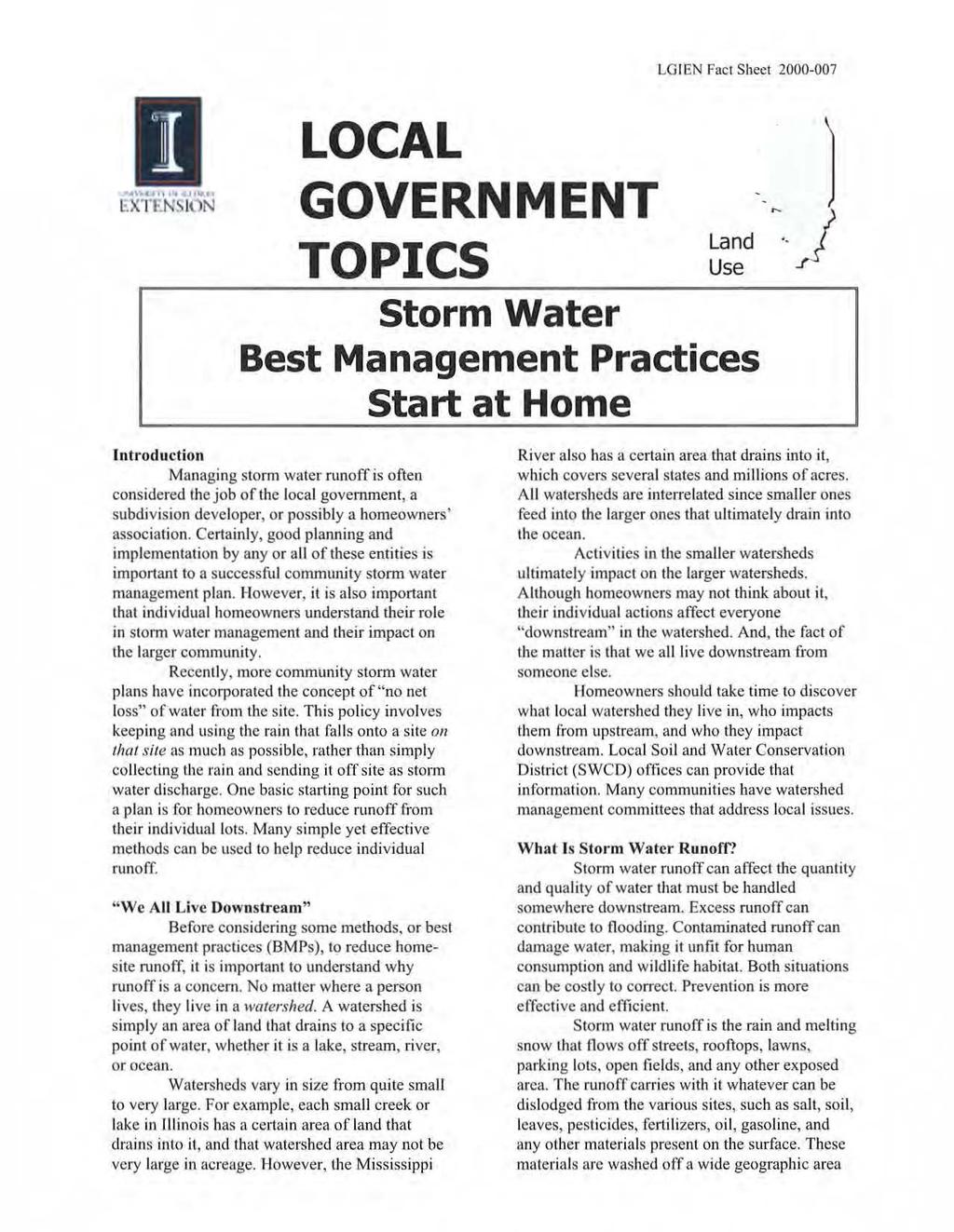 LGI EN Fact Sheet 2000-007 ft I I LXTF f\ \ll )N LOCAL GOVERNMENT TOPICS Land Use Storm Water Best Management Practices Start at Home ~.