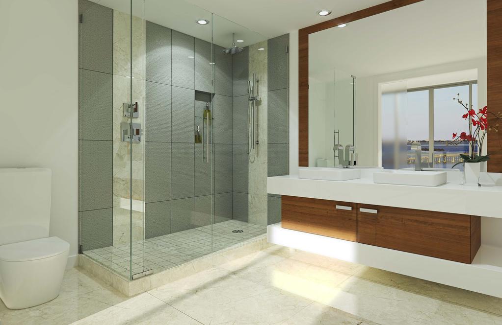 BATHROOMS Contemporary vanity and mirror designed exclusively by TLA Marble walls and flooring Frameless glass shower enclosures and baths Smart faucet operating system located on opposite side of