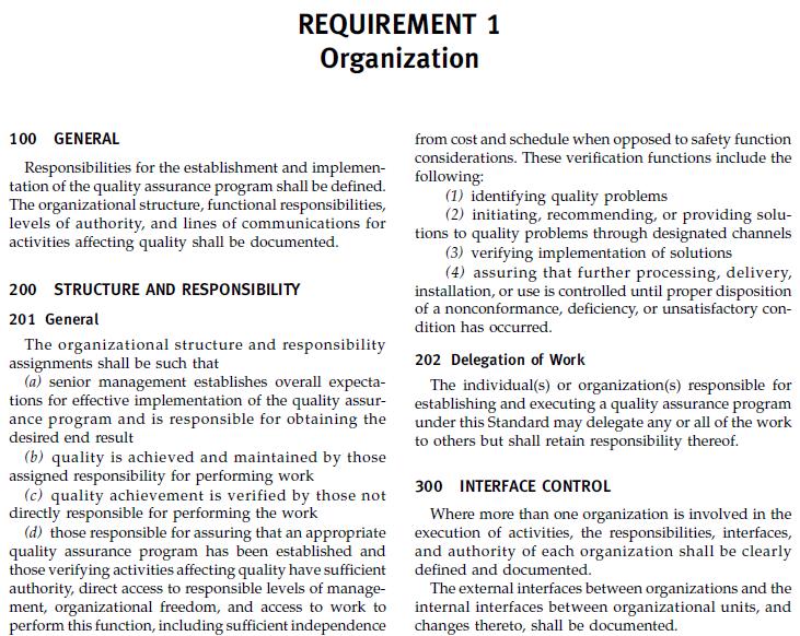 NQA-1 Requirement 1 Summary: Organization Chart Required Senior Management shall establish and verify requirements for the QAProgram Responsibility and Authority in case of Problems No shipment with