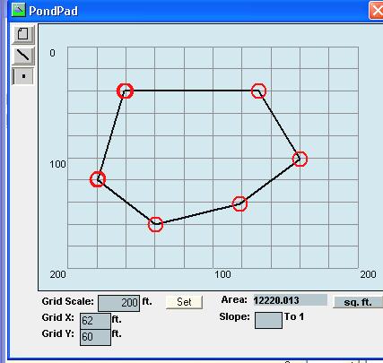 PondPad Interface The PondPad interface is a grid on which the user can specify the outline of the top of the pond and the pond s side slopes.